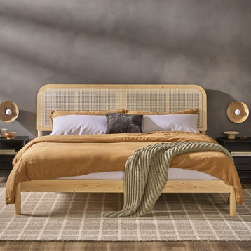 Bohemian Platform Bed, Hardwood Frame With Natural Rattan Headboard, Natural
