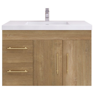 Rosa 36" Wall Mounted Vanity with Reinforced Acrylic Sink (Left Side Drawers), Oak