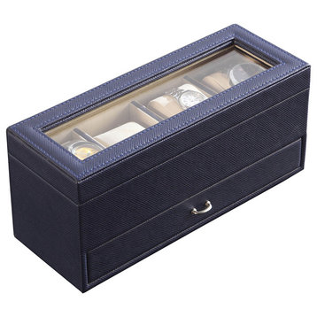 4.5 in. Blue Leather Beige Lining Tempered Glass Jewelry with A Drawer Case