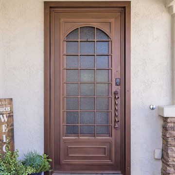 Colonial Single Iron Entry Door with Faux Arch & Square Design Kickplate