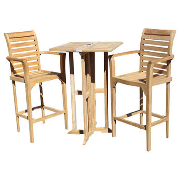 Teak 27" Square Drop-Leaf Bar Table With 2 St. Moritz Bar Chairs