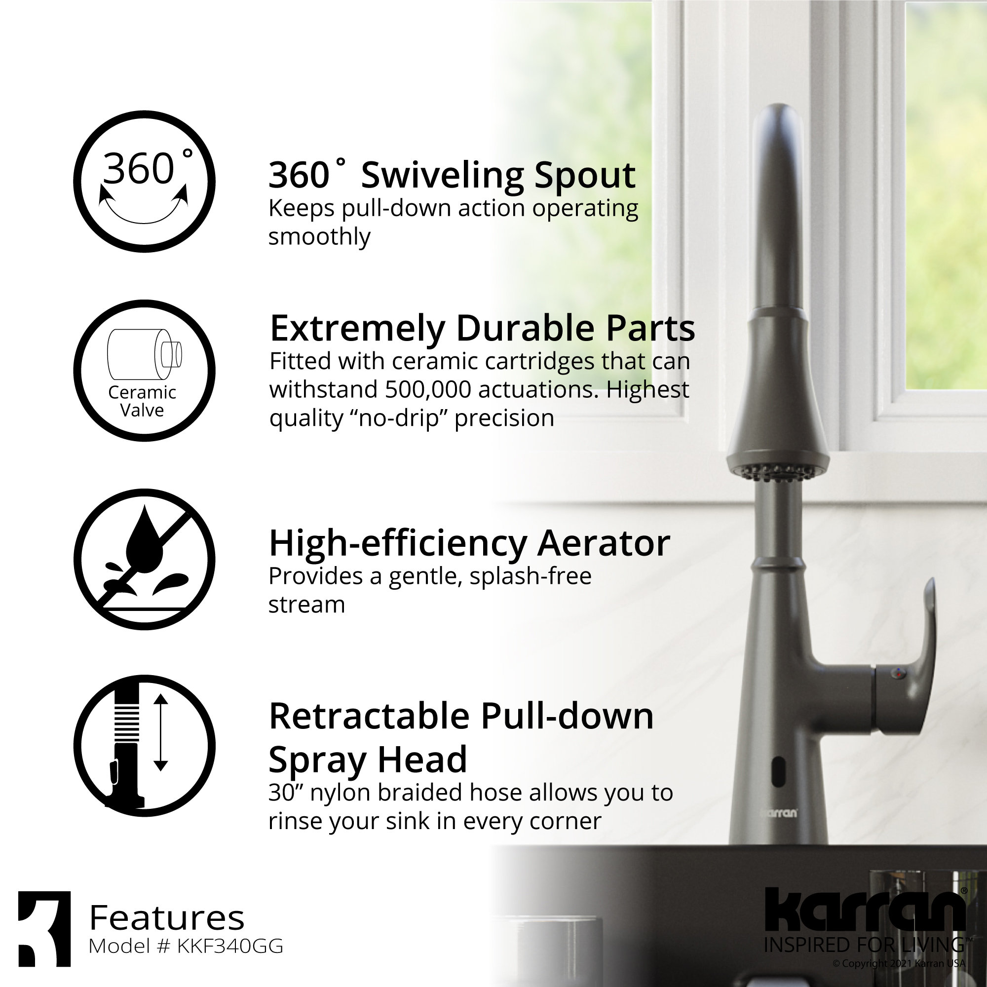 Karran Touchless One-Handle Triple Function Sprayer Faucet, Gunmetal Grey
