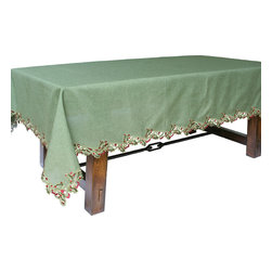 Xia Home Fashions - Holiday Holly Embroidered Cutwork Tablecloth, Green, 70x108 - Tablecloths