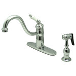 Kingston Brass - Kingston Brass Single-Handle Kitchen Faucet With Brass Sprayer, Polished Chrome - Victorian style Single Handle Deck Mount,2 or 4 hole Sink application, includes Solid Brass Spray, Faucet is Fabricated from solid brass material for durability and reliability, Premium color finish resist tarnishing and corrosion, 360 degree turn swivel spout, Stainless Steel ball, Joystick type control mechanism, Flexible supply lines with 1/2" - 14 NPS male threaded inlets, 1.8 GPM / 6.8 LPM Max at 60 PSI, Integrated removable aerator, 9-1/8" spout reach from faucet body, 9-1/4" overall height, Ten Year Limited Warranty to the original consumer to be free from defects in material and finish.