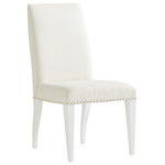 Lexington - Darien Upholstered Side Chair - The clean transitional design of the Darien side chair is accented by spaced nailhead trim in polished nickel. The standard fabric is 221811 Sebring, a tightly woven chenille contruction, performance fabric, in an artic white coloration. Personalization is available as item 415-880, wherein you may select custom fabrics, leather, or a combination, and you may choose a different finish for the decorative nailhead trim.
