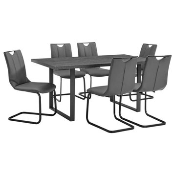 Fenton and Gray Pacific 7-Piece Dining Set, Black Matte Powder Coating, Gray Faux Leather and Black Table
