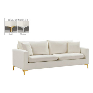 Naomi Velvet Sofa, Gold and Chrome Leg Set, Cream