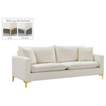 Meridian Furniture - Naomi Velvet Upholstered Sofa, Cream - Curl up with a good book from the welcoming confines of this Naomi Cream Velvet Sofa. The color of this sofa adds a bold touch to your decor and shakes up otherwise neutral color schemes. Plush velvet material feels cozy and comfortable against your skin, while deep seat cushions provide lots of room for you to stretch your legs. This sofa comes with both gold and chrome legs, so you can customize its look to meet your decor plans. Pillows are included for added homey warmth and comfort.