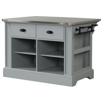 Benzara BM251331 Kitchen Island With Metal Top and 2 Drawers, Gray