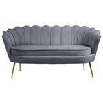 Meridian Furniture - Gardenia  Velvet Upholstered Loveseat, Gray - Turn heads in an instant when you add this Gardenia velvet loveseat to your room. This attention-demanding loveseat features a shell-shaped back with deep channel tufting for added textural appeal. The round seat cushion is deep and generously sized, so you have wiggle room to get comfortable. Soft grey velvet upholstery covers the entire loveseat except for its legs, which are made from chrome for durability and finished in gold for a touch of glam.