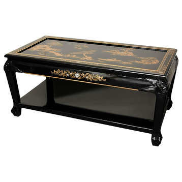 Lacquer Coffee Table With Shelf, Black Landscape
