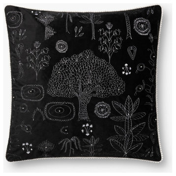 22"x22" Black Embroidered Polyster Velvet Throw Pillow, Polyester/Polyfill