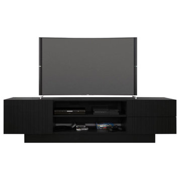 Modern TV Console, Sturdy Wood Frame With Accented Door, Drawers, Black Finish