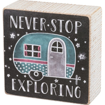 Never Stop Exploring Camper Chalk Wood Box Sign 4 Inches