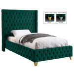 Meridian Furniture - Savan Velvet Upholstered Bed, Green, Twin - Bring luxury to the forefront when you add this Savan velvet twin-size bed to your room. Upholstered in rich green velvet from the top of its super-high headboard down to its footboard, this beautiful bed features deep button tufting and a wingback detail to make it a true standout in your space. This luxe bed comes with two sets of legsincluding both gold and chrome optionsso you can customize it to completely coordinate with other items in your space. Full slats are included so that you can set it up and start using it right away.