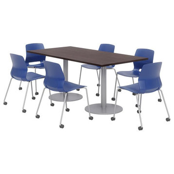 36 x 72" Table - 6 Lola Navy Caster Chairs - Espresso Top - Silver Base