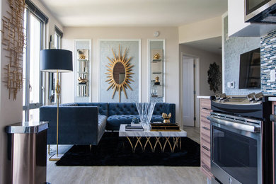 Example of a minimalist open concept ceramic tile living room design in DC Metro with beige walls