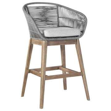 Contemporary Outdoor Bar Stool, Grey Rope Curved Backrest and Removable Cushion