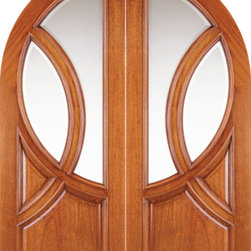 Round Top Solid Mahogany Double Prehung Doors with Glass - Front Doors