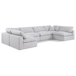 Meridian Furniture - Comfy Upholstered U-Shaped Modular Sectional, White, 6-Piece: 4 Armless Chair, 2 Corner Chair, Linen Textured Fabric - Give your space a whole new look with this white Comfy linen textured fabric sectional. This handsome sectional fits nicely with other items in the Comfy collection and is a versatile seating option designed for adaptability, comfort and style. Wrapped in rich white durable linen textured fabric upholstery, this sectional offers a plush embrace of overstuffed down feather cushions, carefully crafted to deliver the highest level of comfort. The perfect seat for creating an oasis for relaxation, this sectional has thick foam surrounding its frame for added support and coziness.