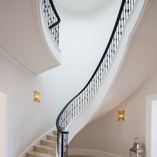 Foto de escalera curva, tradicional, extra grande, con escalones de mármol, contrahuellas de mármol y barandilla de metal