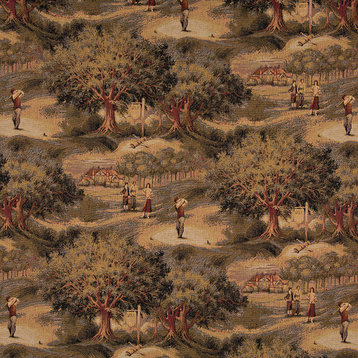 Golfers Golf Course and Clubhouse Themed Tapestry Upholstery Fabric By The Yard