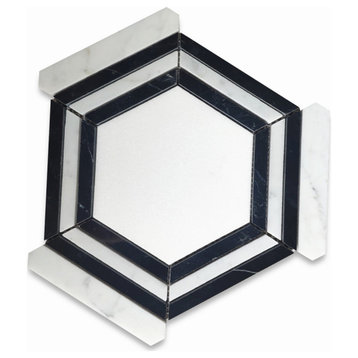 Thassos White Marble Hexagon Nero Strip Gerama Mosaic Tile Polished, 1 sheet
