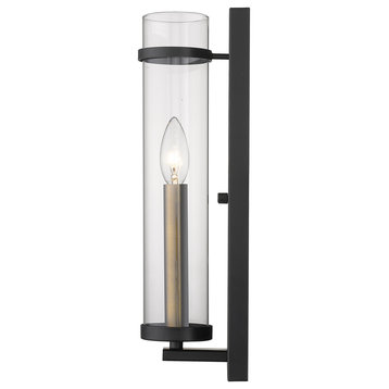 Cylinder Shaped with Tall Backplate Matte Black and Aged Brass Wall Sconce