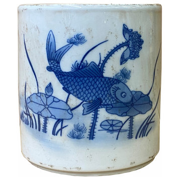 Chinese Distressed White Porcelain Blue Fishes Graphic Holder Vase Hws1845