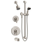 Symmons Industries - Symmons Dia Shower Trim Kit, 2-Handles Tub Spout Single Spray, Satin Nickel - Balancing sleek forms and simple lines, the Dia 1-Handle Wall-Mounted Tub and Shower Trim with Hand Shower boasts a modern sophistication that is a natural completer element to contemporary bathroom designs. All of Symmons' products are designed with the customer in mind; the proof is in the details. Plated in a scratch-resistant satin nickel finish over solid metal, this shower trim has the durability to add contemporary styling to your bathroom for a lifetime. With an ADA compliant single lever handle design, the solid brass valve cover plate features hot and cold indicators to ensure custom temperature setting with ease of use for everyone. At an eco-friendly low flow rate of 1.5 gallons per minute, the single mode showerhead is WaterSense certified so that you can conserve water without sacrificing performance, which will, in turn, save you money on your water bill. This model includes everything you need for quick installation. You'll easily be able to update your bathroom without having to replace your valve. With features that are crafted to last and a style that is designed to please, Symmons' Dia 1-Handle Wall-Mounted Tub and Shower Trim with Hand Shower is a seamless addition to your bathroom for a lifetime backed by our technical support team and limited lifetime warranty.