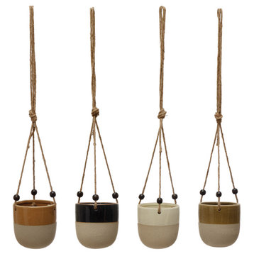 Set of 4, 4.5"H Stoneware Planter with Bead Hanger, 4 Styles