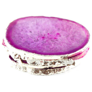 Hot Pink Agate Coasters (Set of 4), Silver