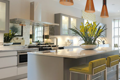 Large contemporary galley open plan kitchen in London with an undermount sink, glass-front cabinets, grey cabinets, stainless steel appliances, with island and grey floor.