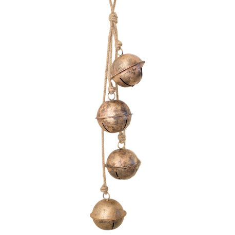 Brass Finished Bells On String, Ornamental, Distressed Gold