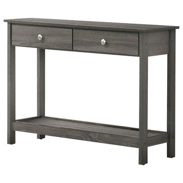 Farmhouse Console Table, Lower Shelf & 2 Drawers With Round Silver Knobs, Gray