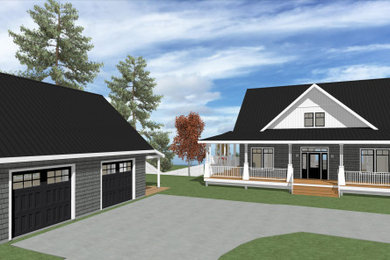 Mid-sized farmhouse gray two-story concrete fiberboard and shingle exterior home photo in Other with a metal roof and a black roof