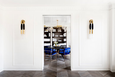 Inspiration for a mid-sized contemporary dark wood floor and gray floor enclosed dining room remodel in New York with white walls and no fireplace