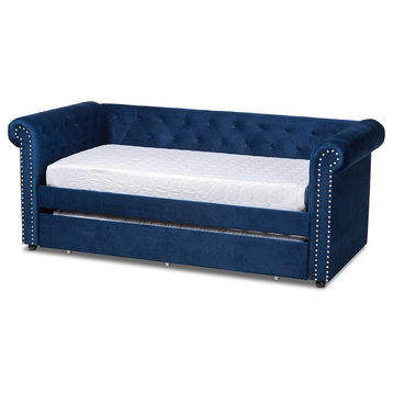 Navy Blue Velvet Upholstered Daybed With Trundle