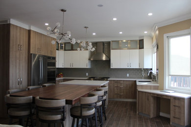 Inspiration for a large contemporary u-shaped ceramic tile kitchen remodel in Other with an undermount sink, flat-panel cabinets, medium tone wood cabinets, quartz countertops, gray backsplash, ceramic backsplash, stainless steel appliances and an island