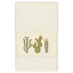 Linum Home Textiles - Mila Embellished Hand Towel - The MILA Embellished Towel Collection features whimsical blooming cactus in applique embroidery on a woven textured border. These soft and luxurious towels are made of 100% premium Turkish Cotton and offer lasting absorbency and superior durability. These lavish Turkish towels are produced in Linum�s state-of-the-art vertically integrated green factory in Turkey, which runs on 100% solar energy.