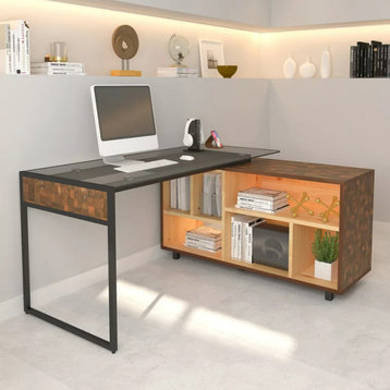Modern L-Shaped Desk, Spacious Glass Top With 6 Open Compartments, Brown/Oak