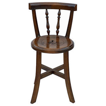 Chinese Handmade Round Brown Stain "Shou" Side Chair w Back Hcs6023
