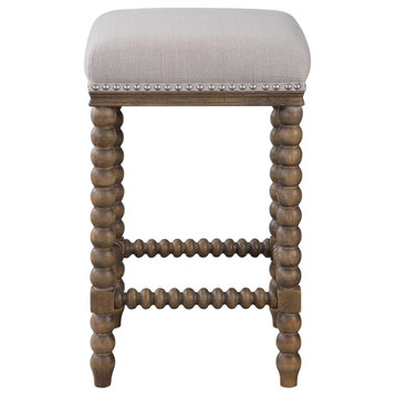 Luxe Retro Style Spindle Turned Leg Counter Stool | Plush Ivory Bar Square Wood