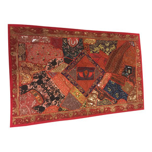 Mogulinterior - Consigned, Wall Tapestry Red Sari Patchwork Embroidered Wall Hanging Wall Decor - Tapestries