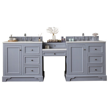 94 Inch Double Sink Bathroom Vanity, Gray, Makeup Table, White Quartz, Outlets
