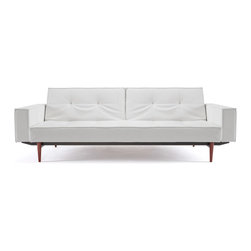 "Innovation" Splitback White Leather Textile Sofa Bed / Arms / Dark Wood Legs - Sofas