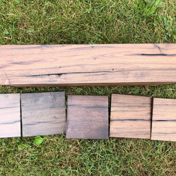 Rustic walnut sample shelf with stain samples