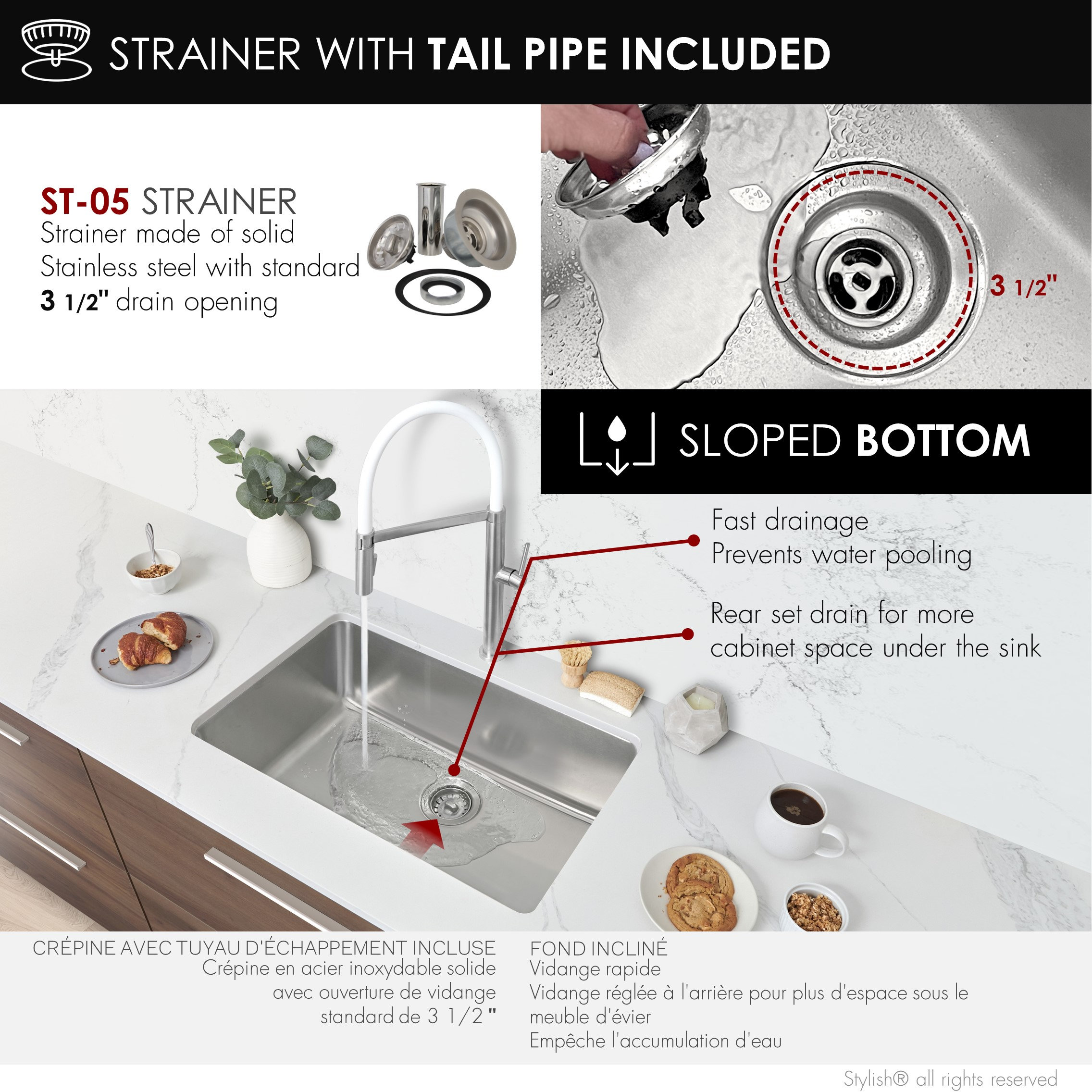 STYLISH 27 inch Single Bowl Undermount and Drop-in Stainless Steel Kitchen Sink