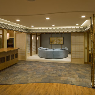 Home theater - zen home theater idea in Philadelphia with a projector screen