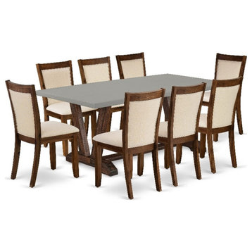 V797MZN32-9 Dining Table and 8 Light Beige Chairs - Distressed Jacobean Finish